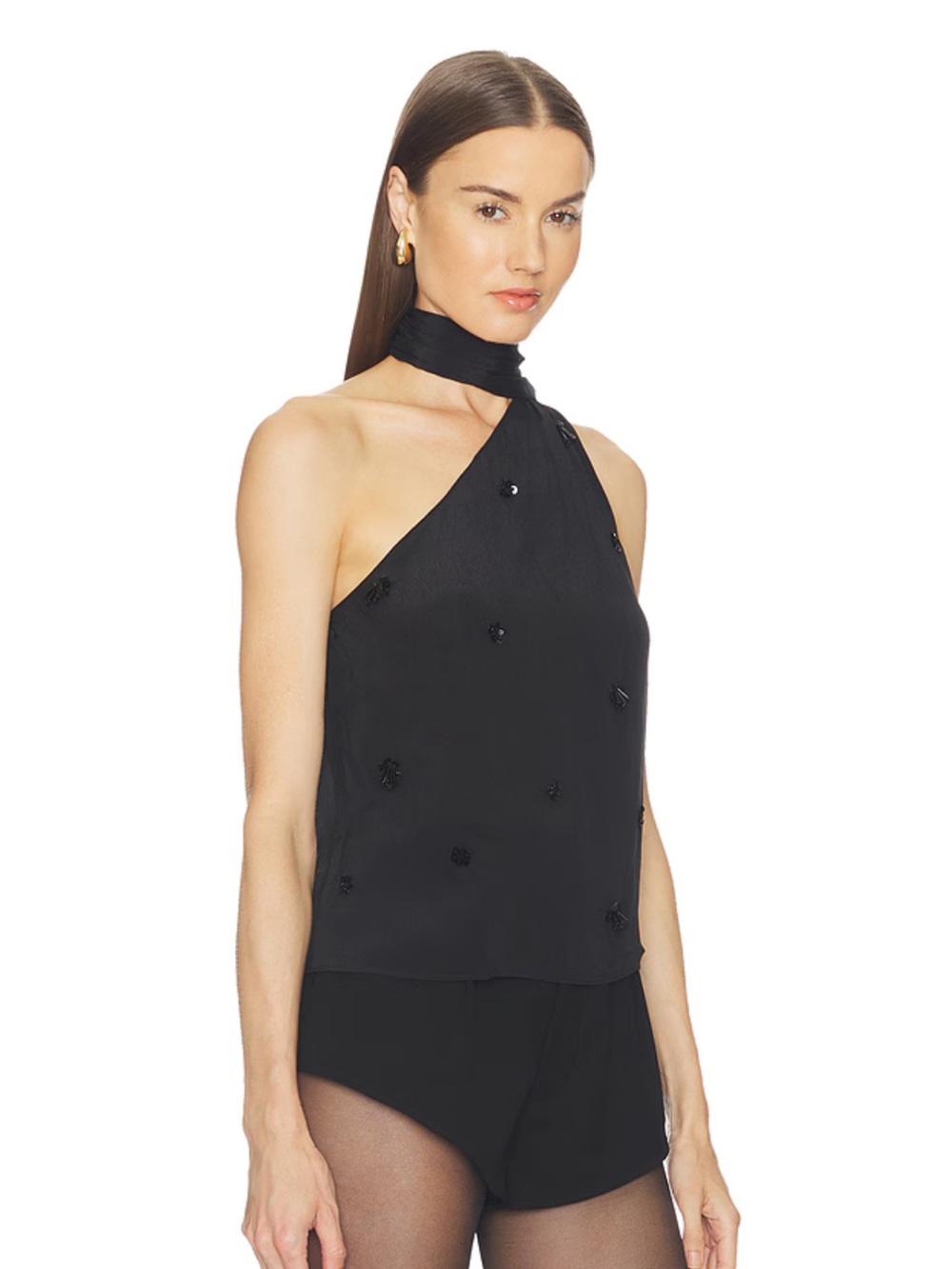 Asymmetric One-Shoulder Embelished Black Top